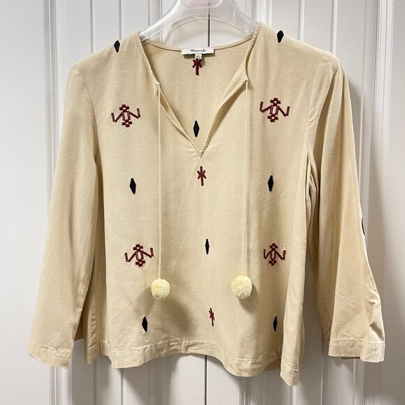 Madewell Embroidered Fringe Top Pom Pom Boho 100% Silk Cream - S - Picture 9 of 14